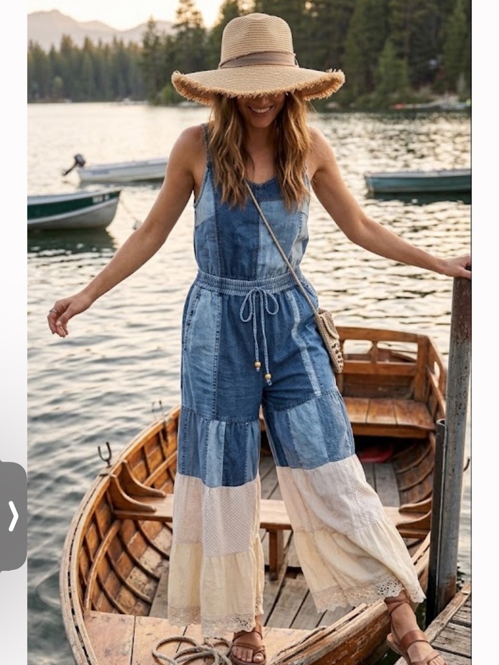 Young threads Tiered Wide-Leg Patchwork  Pants in Denim and Cream size med